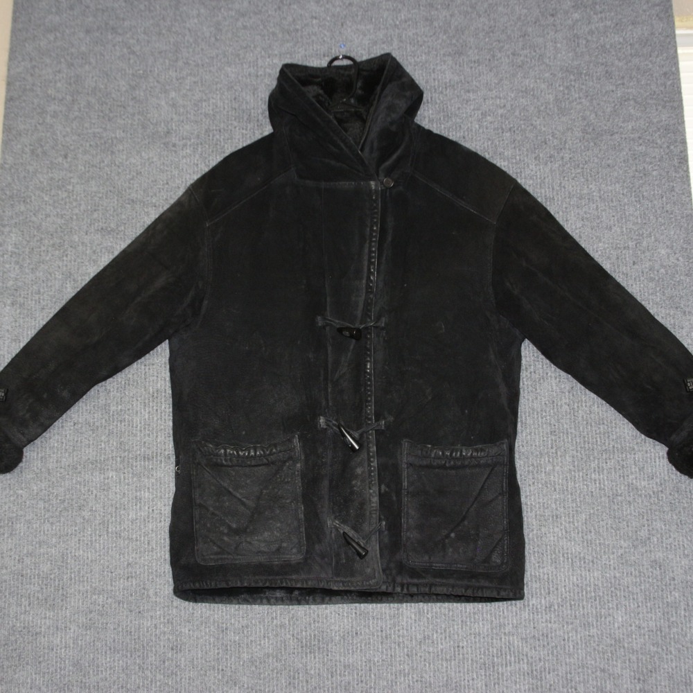 VTG St Johns Bay Black Leather Duffle Coat Hooded Faux Fur Trim Lined Womens L - Picture 2 of 8